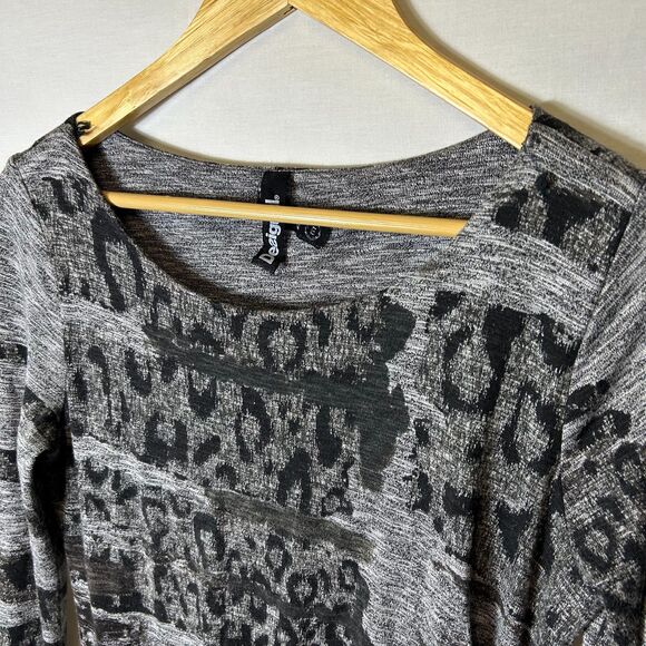 Desigual Gray Graphic Animal Pattern Ruched Side LS Short Sweater Dress Size M - Picture 5 of 14